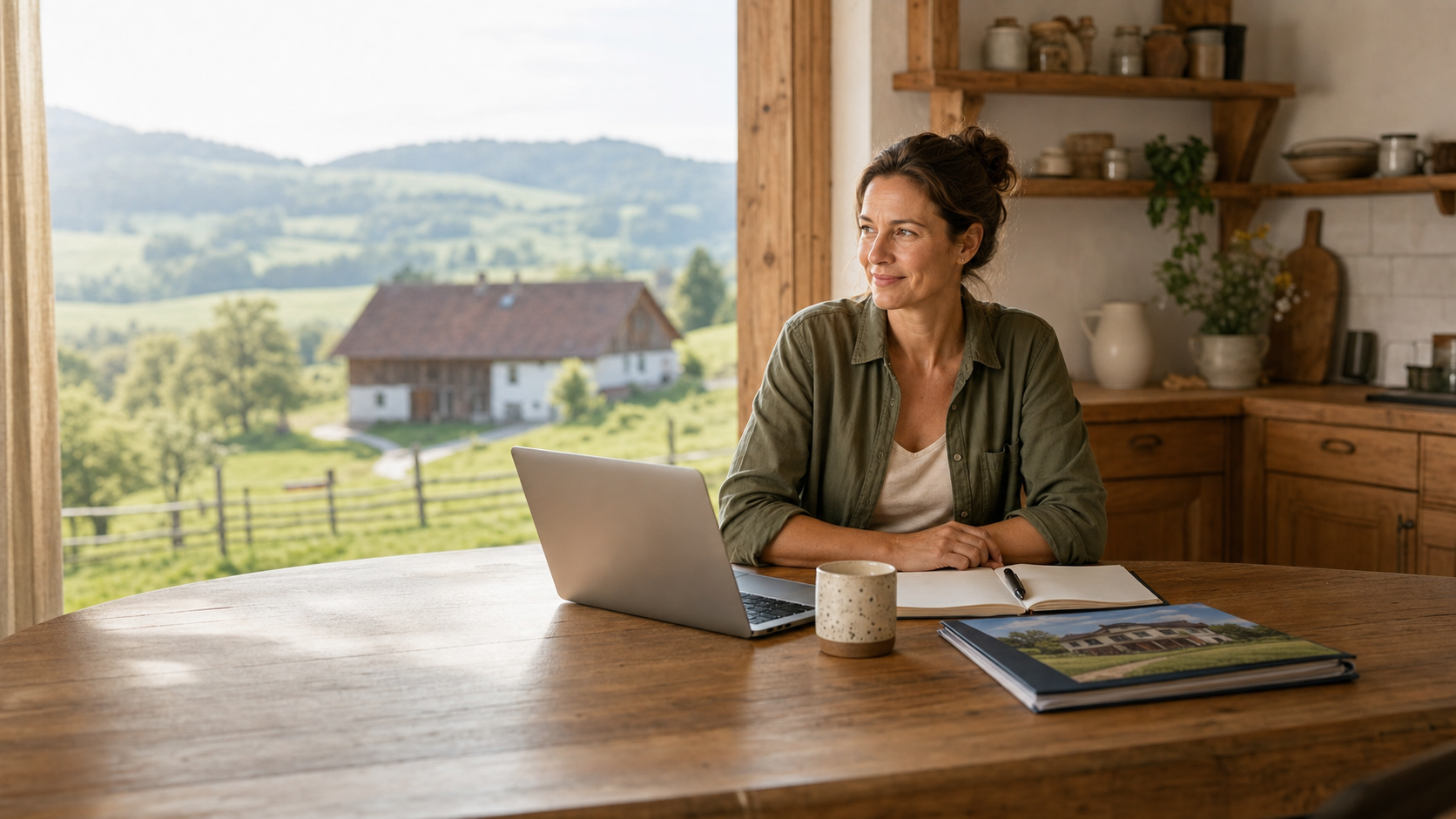 Mögliche Hofnachfolgerin am Küchentisch mit Blick auf einen landwirtschaftlichen Hof